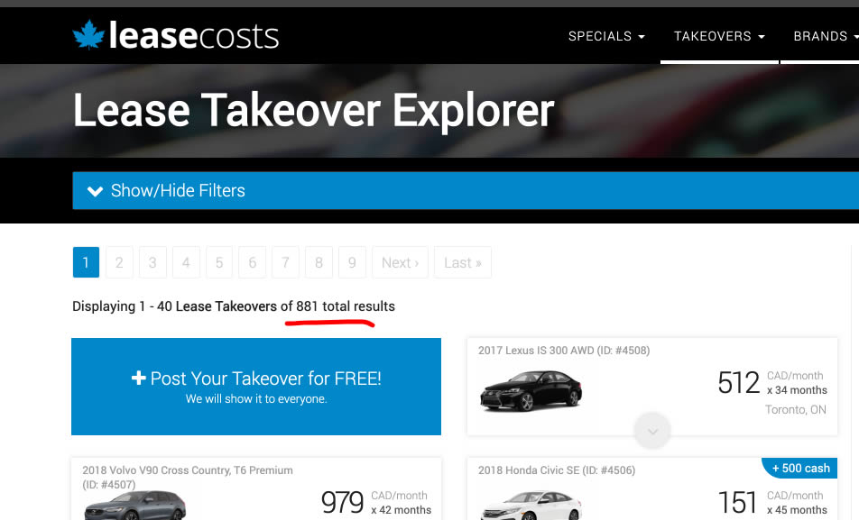 880 Lease Takeover Listings and Counting: Screenshot