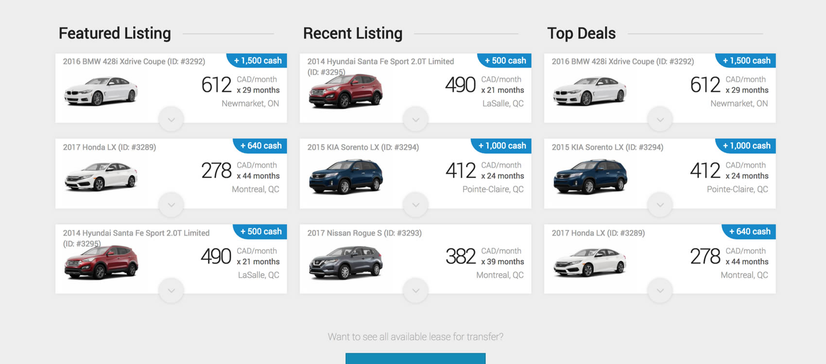 Car Lease Takeover Marketplace: Listings