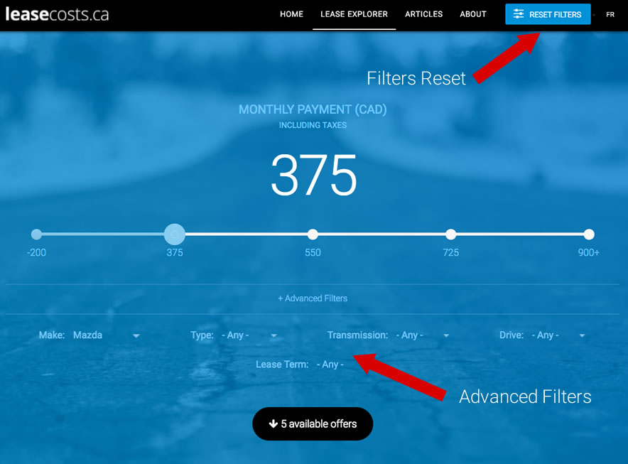 Canada Car Lease Calculator Filter Reset